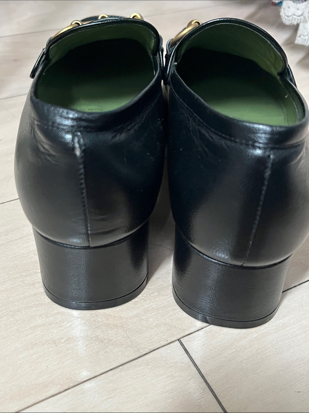 Gucci Black Leather Loafers with Gold Horsebit and Green Insole - Picture 8 of 10